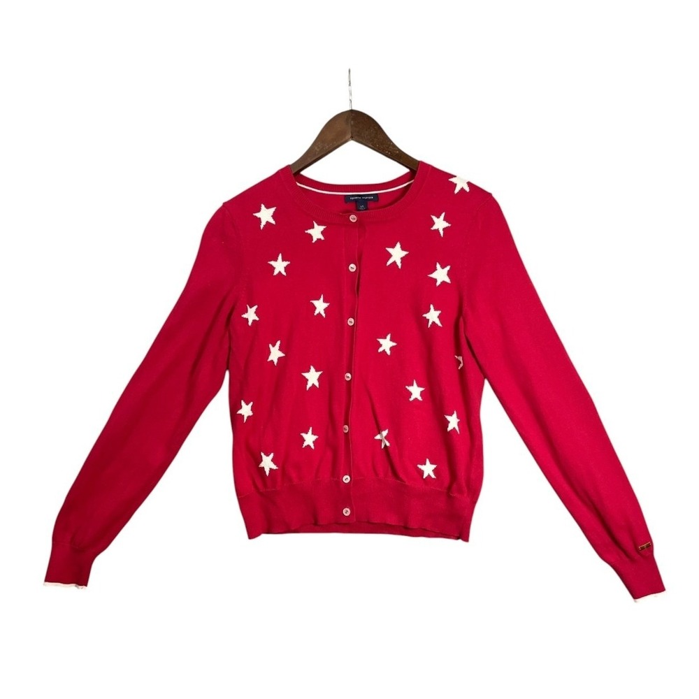 Tommy Hilfiger Womens Americana Star‎ Cardigan L Red Preppy Nautical Patriotic - Picture 2 of 8
